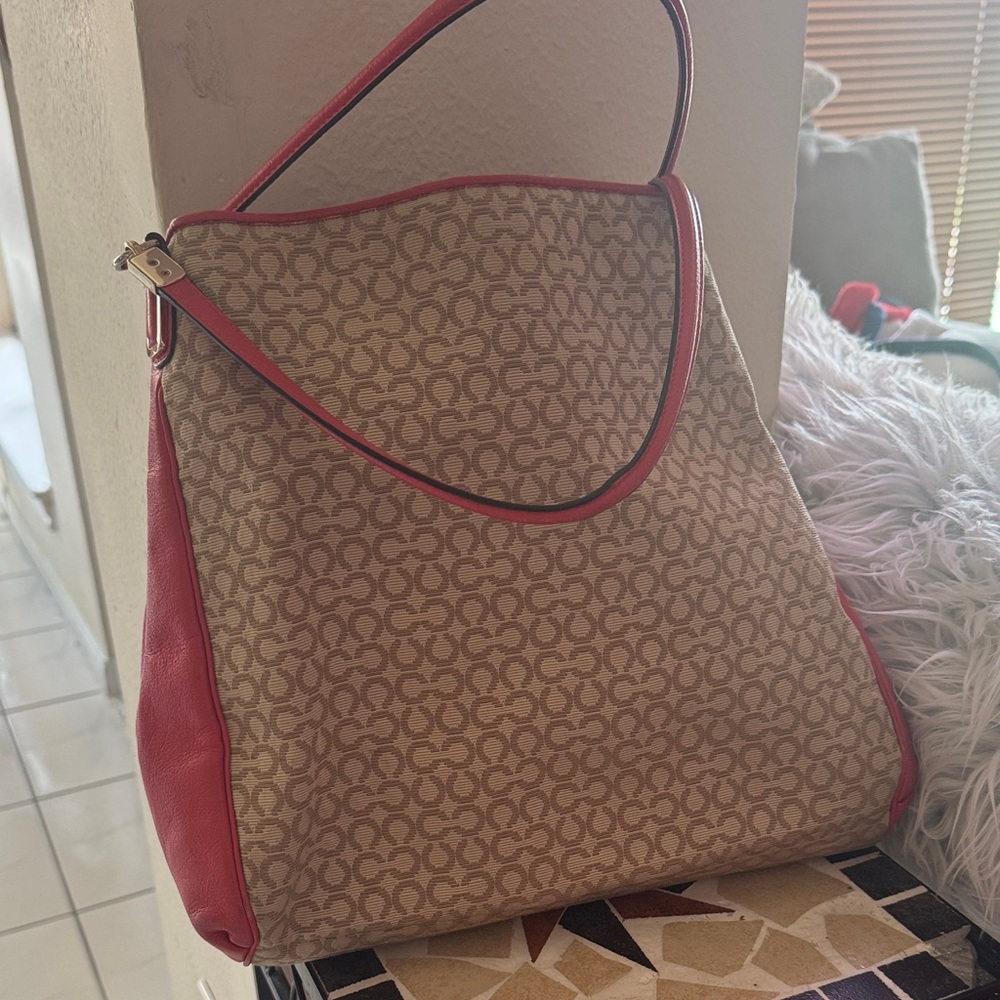 Coach Tan and Red Signature Shoulder Bag